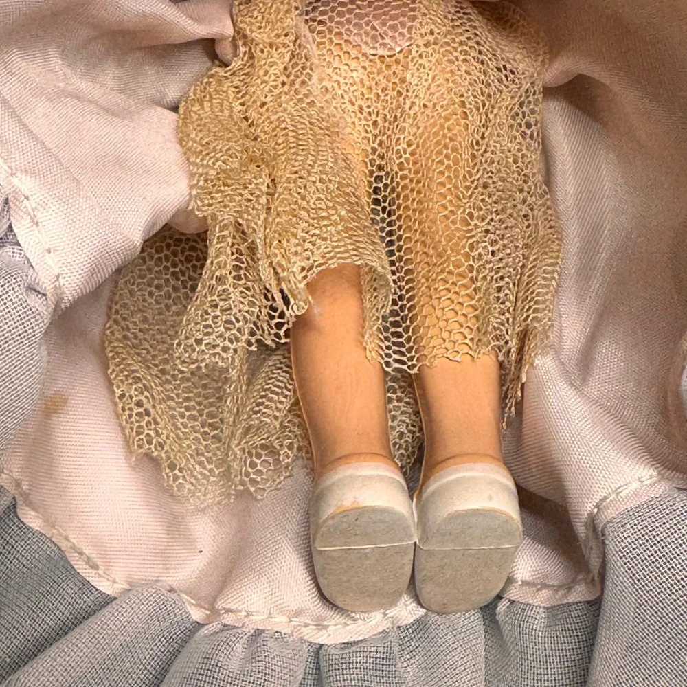 Vintage Composition Doll Pink Satin‎ Gown Floral Embroidery 7.5 Inch Blue Eyes